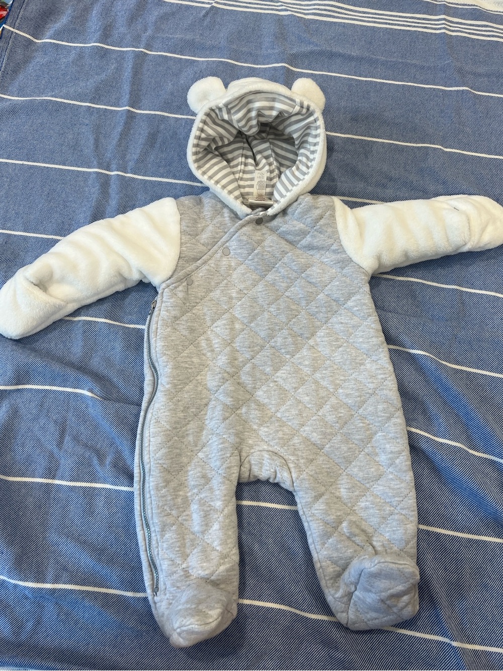 First Wish Grey Quilted Baby One-Piece Snowsuit/Pram with Hood